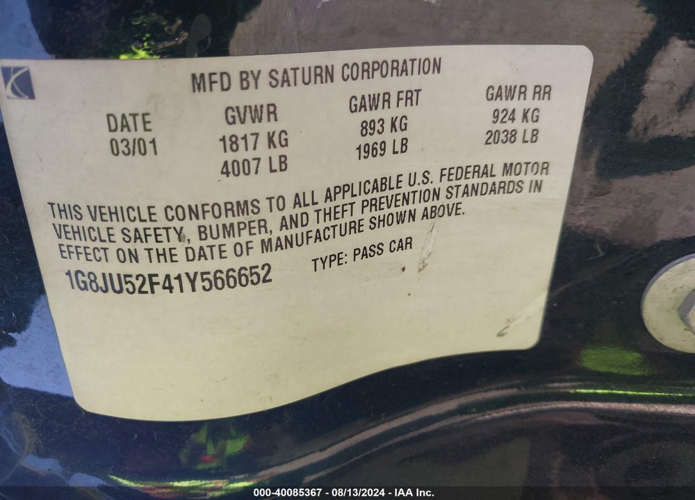 2001 SATURN L200 VIN: 1G8JU52F41Y566652