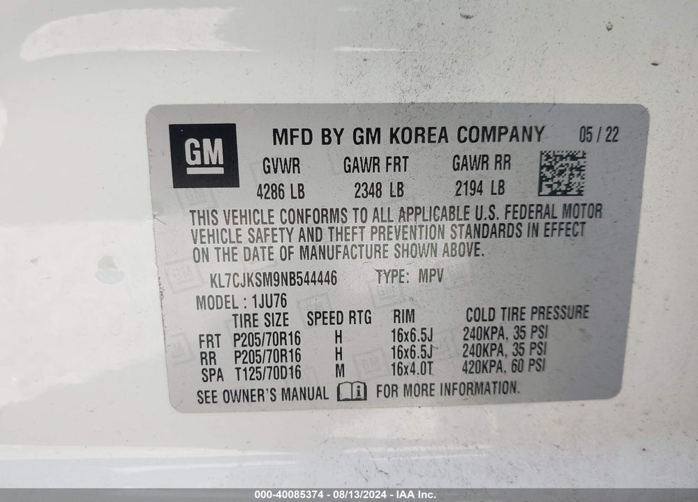 2022 CHEVROLET TRAX FWD LS VIN: KL7CJKSM9NB544446