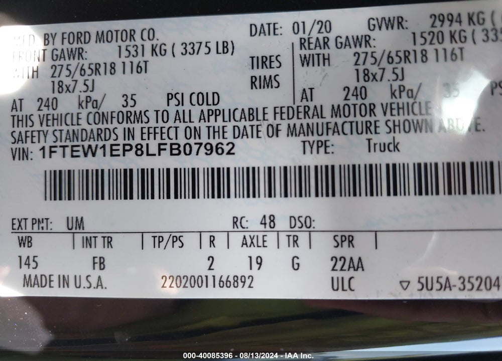 2020 FORD F-150 XLT VIN: 1FTEW1EP8LFB07962