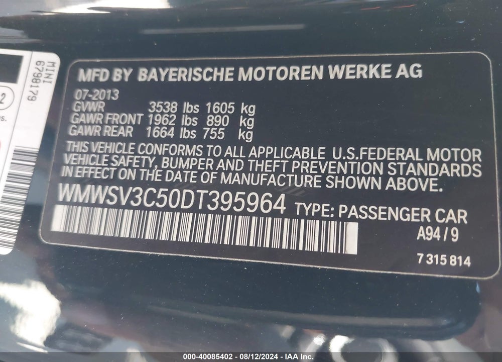 2013 MINI HARDTOP COOPER S VIN: WMWSV3C50DT395964