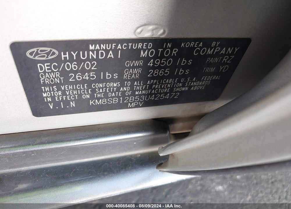 2003 HYUNDAI SANTA FE VIN: KM8SB12B53U425472