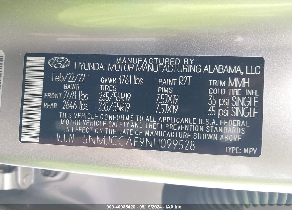 2022 HYUNDAI TUCSON SEL VIN: 5NMJCCAE9NH099528