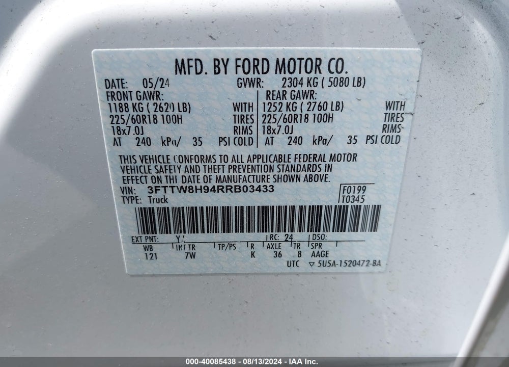 2024 FORD MAVERICK XLT VIN: 3FTTW8H94RRB03433