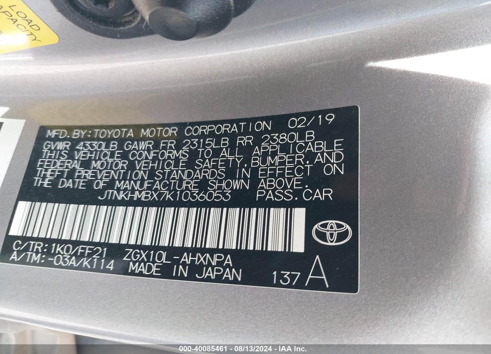 2019 TOYOTA C-HR XLE VIN: JTNKHMBX7K1036053
