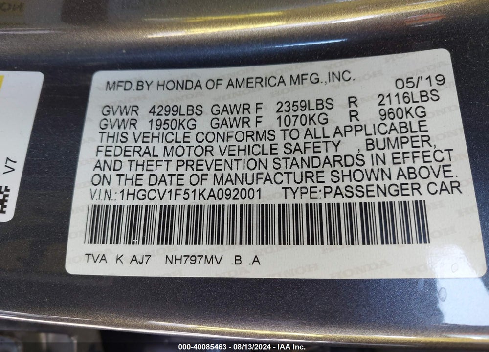 2019 HONDA ACCORD EX-L VIN: 1HGCV1F51KA092001