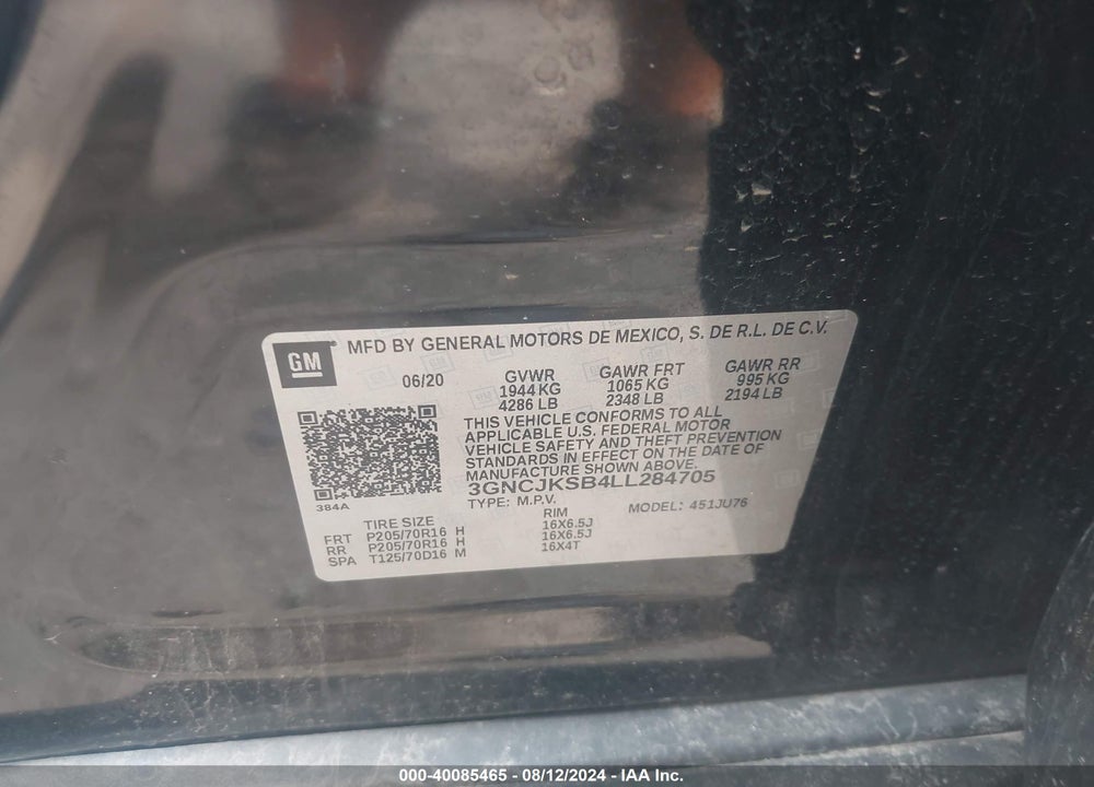 2020 CHEVROLET TRAX FWD LS VIN: 3GNCJKSB4LL284705