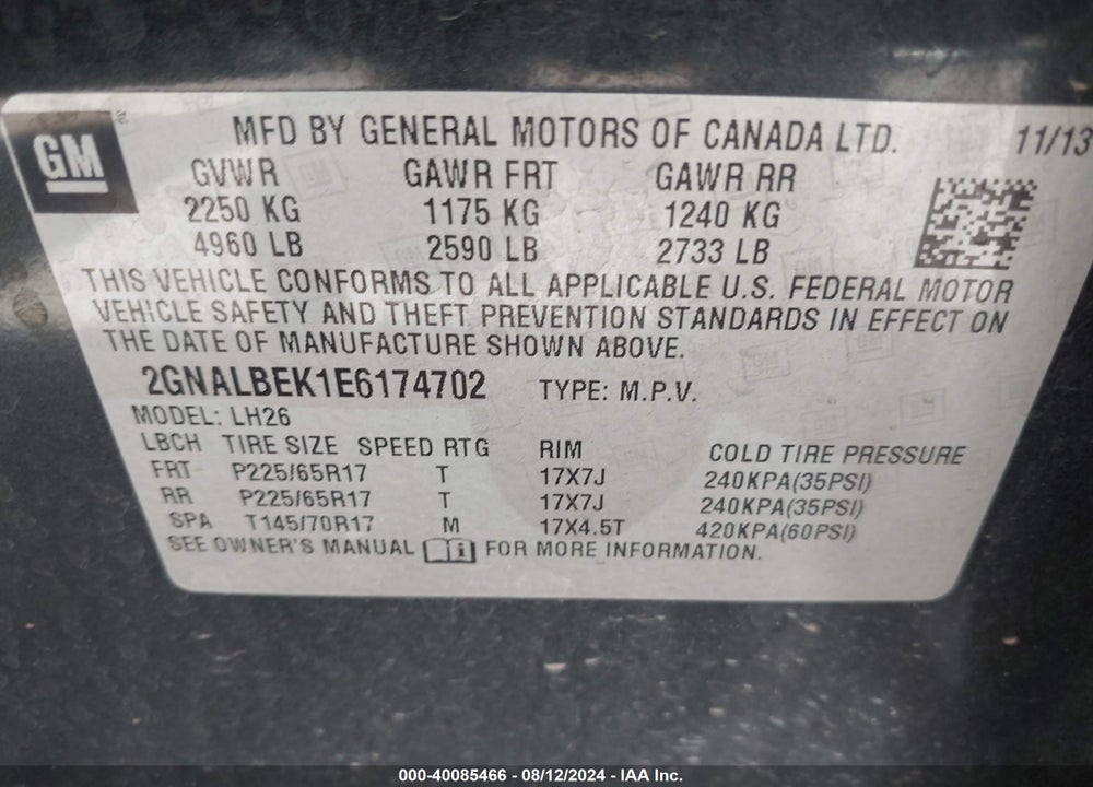 2014 CHEVROLET EQUINOX 1LT VIN: 2GNALBEK1E6174702