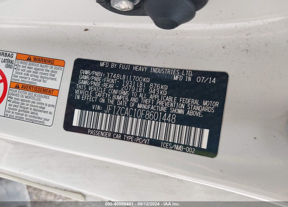 2015 SUBARU BRZ LIMITED VIN: JF1ZCAC10F8601448