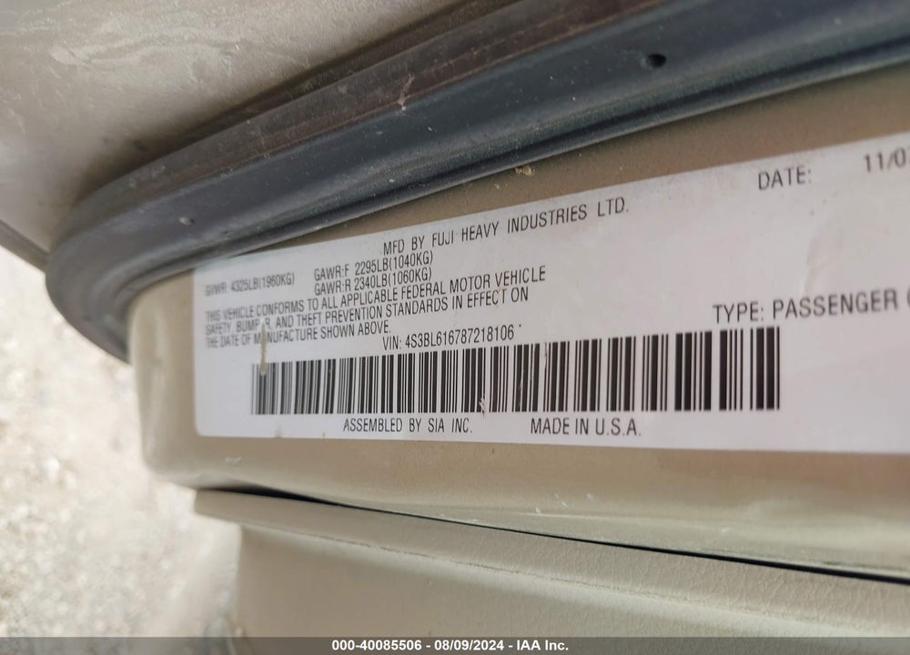 2008 SUBARU LEGACY 2.5I VIN: 4S3BL616787218106