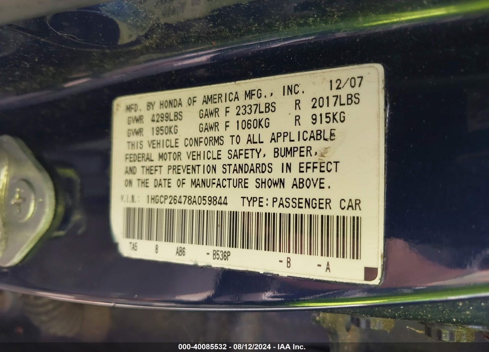 2008 HONDA ACCORD 2.4 LX-P VIN: 1HGCP26478A059844