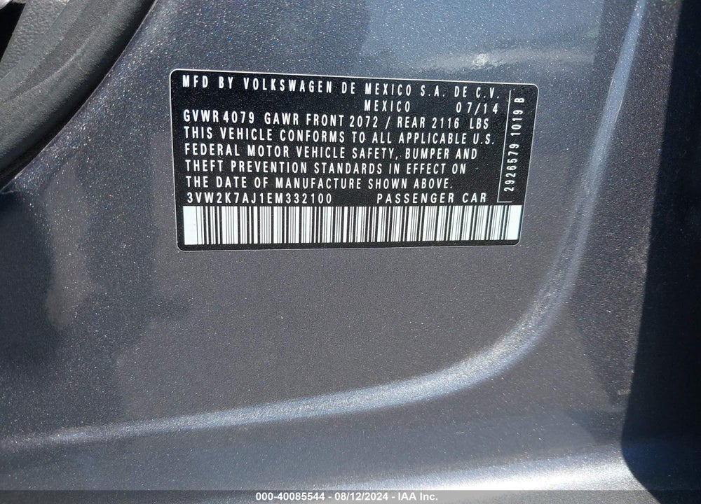 2014 VOLKSWAGEN JETTA 2.0L S VIN: 3VW2K7AJ1EM332100