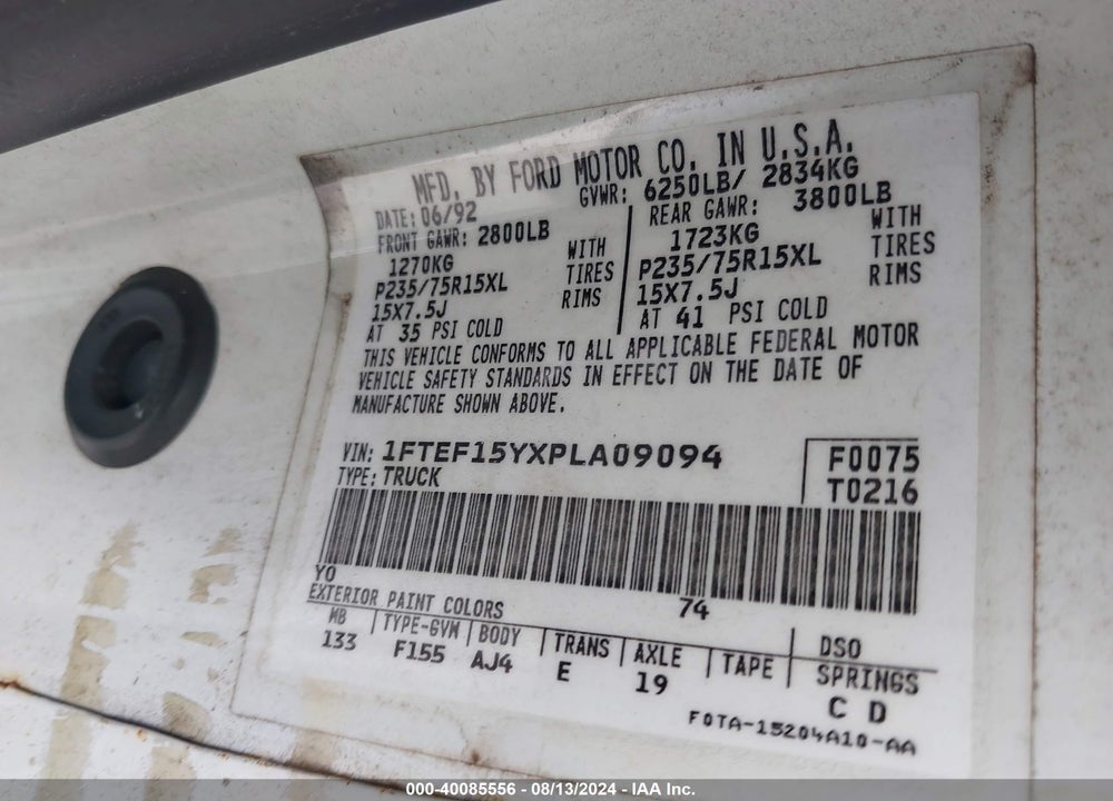 1993 FORD F150 VIN: 1FTEF15YXPLA09094