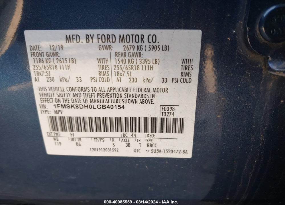 2020 FORD EXPLORER XLT VIN: 1FMSK8DH0LGB40154