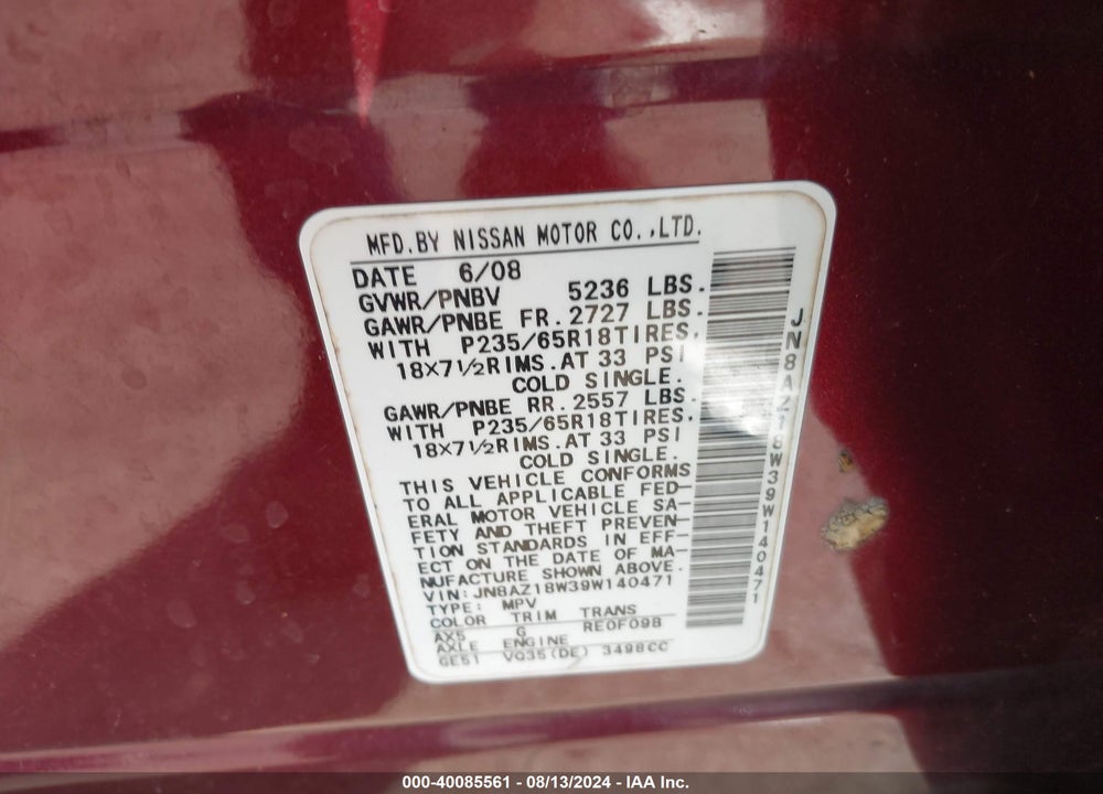 2009 NISSAN MURANO S VIN: JN8AZ18W39W140471