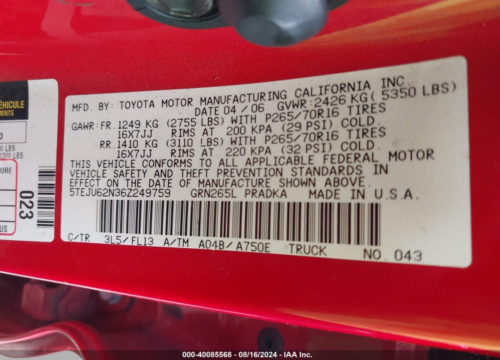 2006 TOYOTA TACOMA PRERUNNER V6 VIN: 5TEJU62N36Z249759