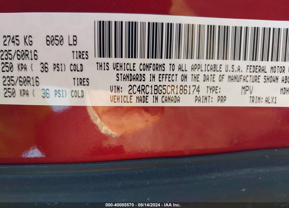 2012 CHRYSLER TOWN & COUNTRY TOURING VIN: 2C4RC1BG5CR186174