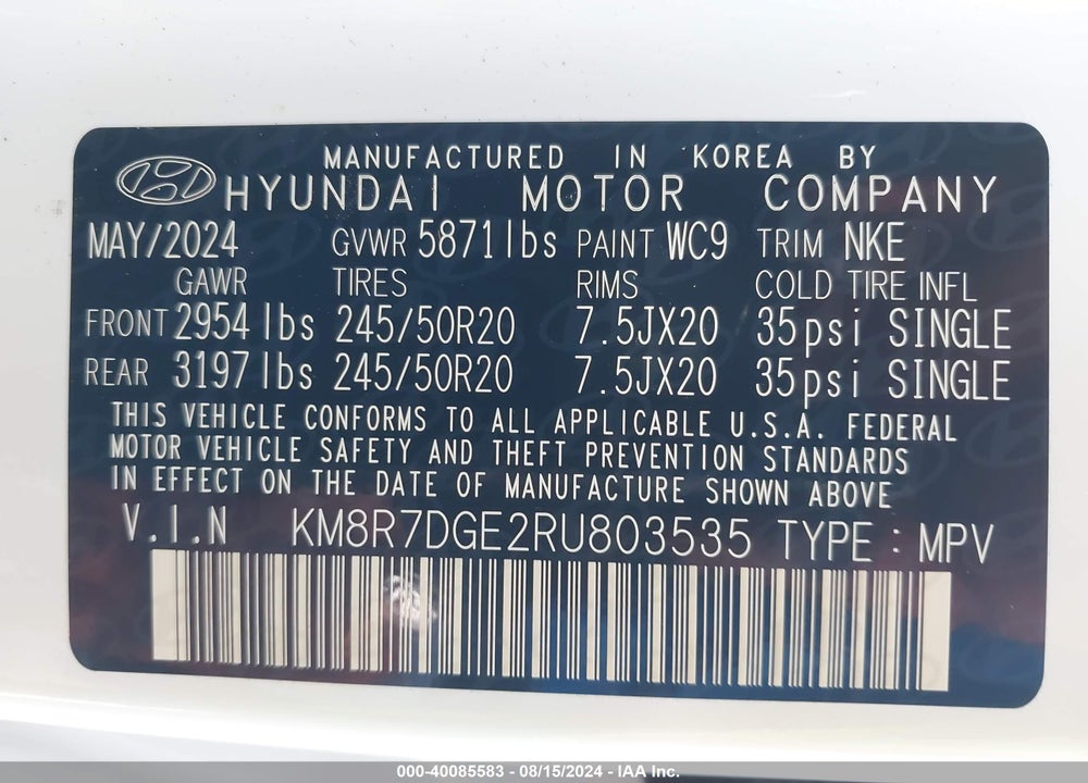 2024 HYUNDAI PALISADE CALLIGRAPHY NIGHT EDITION VIN: KM8R7DGE2RU803535