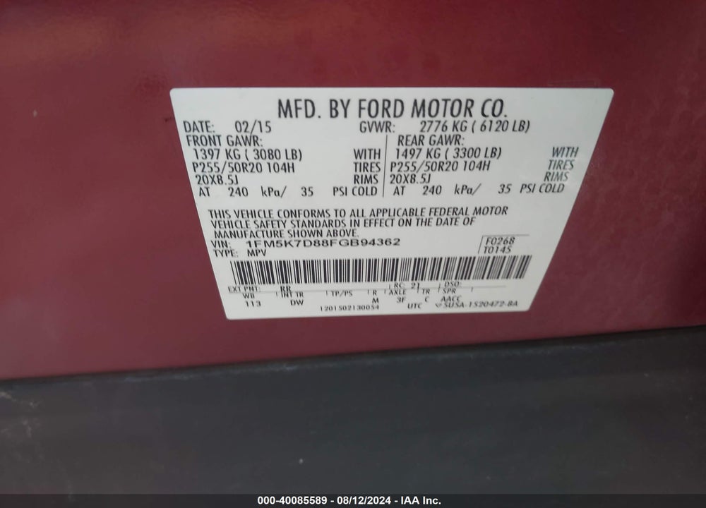 2015 FORD EXPLORER XLT VIN: 1FM5K7D88FGB94362