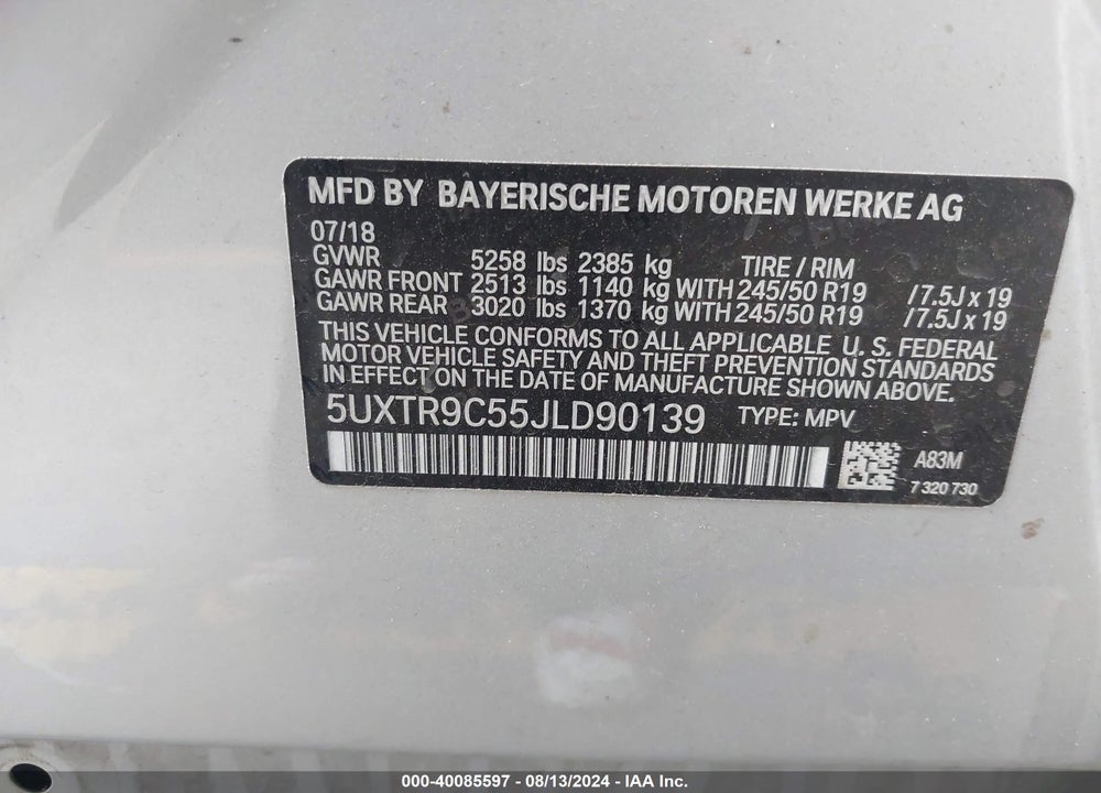 2018 BMW X3 XDRIVE30I VIN: 5UXTR9C55JLD90139