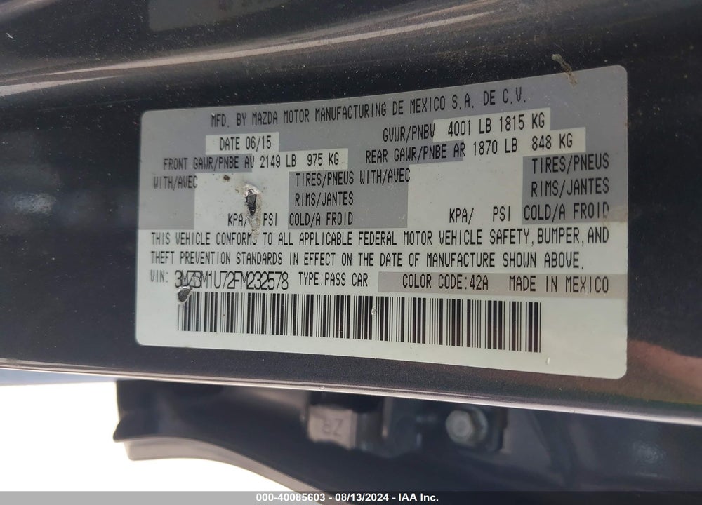 2015 MAZDA 3 I SPORT VIN: 3MZBM1U72FM232578