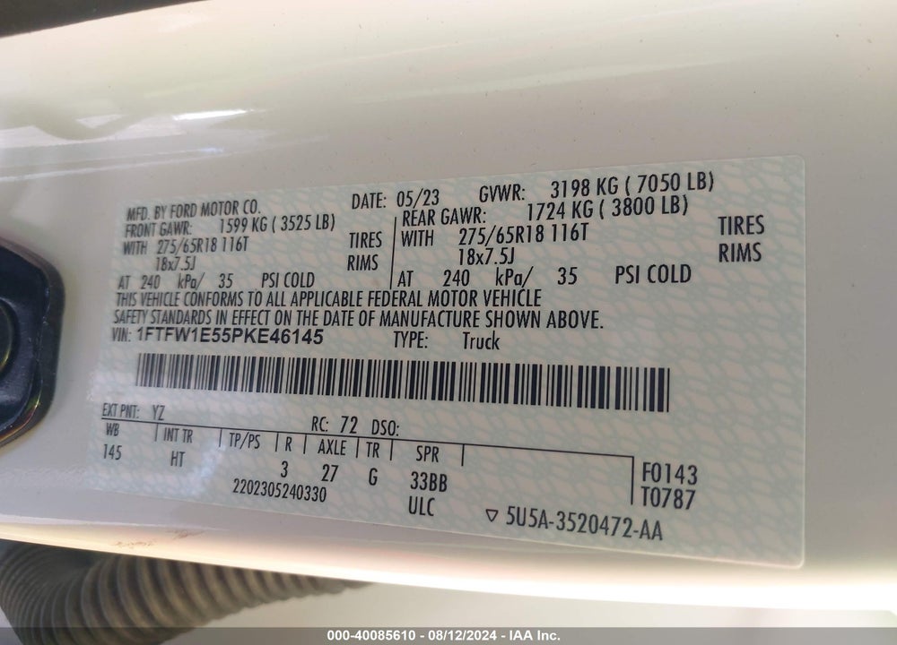 2023 FORD F-150 LARIAT VIN: 1FTFW1E55PKE46145