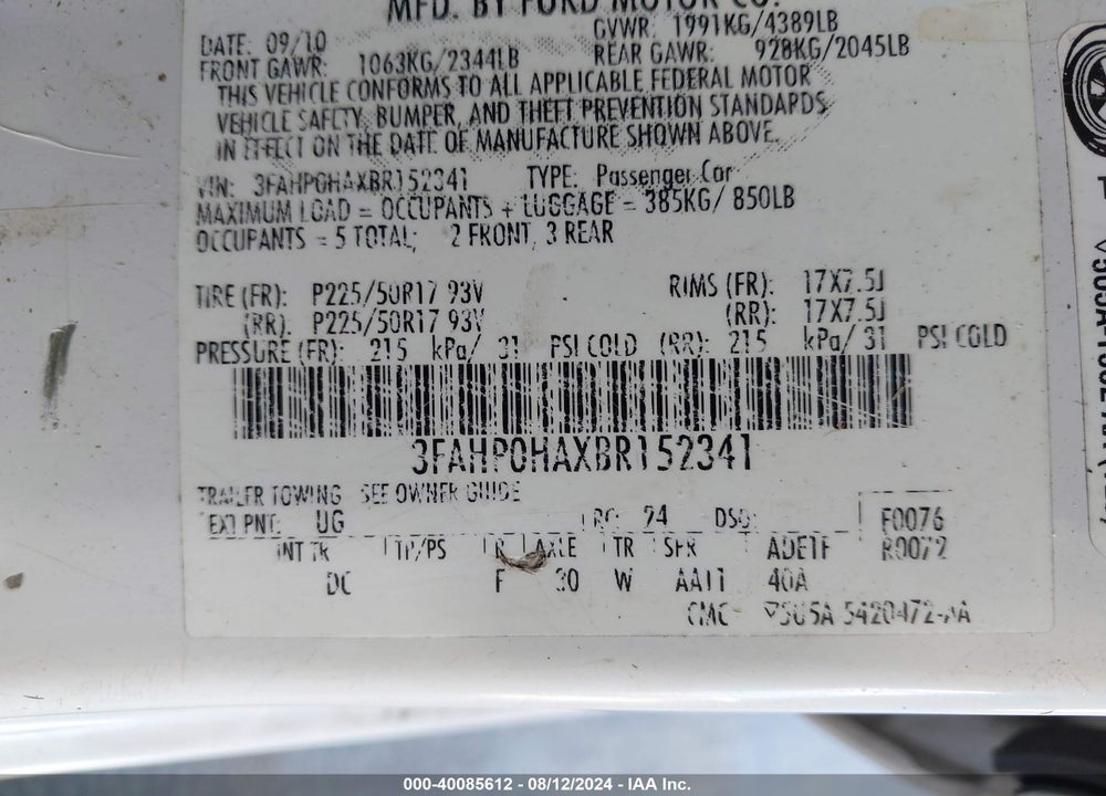 2011 FORD FUSION SE VIN: 3FAHP0HAXBR152341