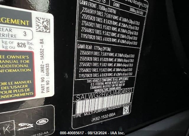2018 LAND ROVER RANGE ROVER SPORT SE VIN: SALWG2RV3JA404933