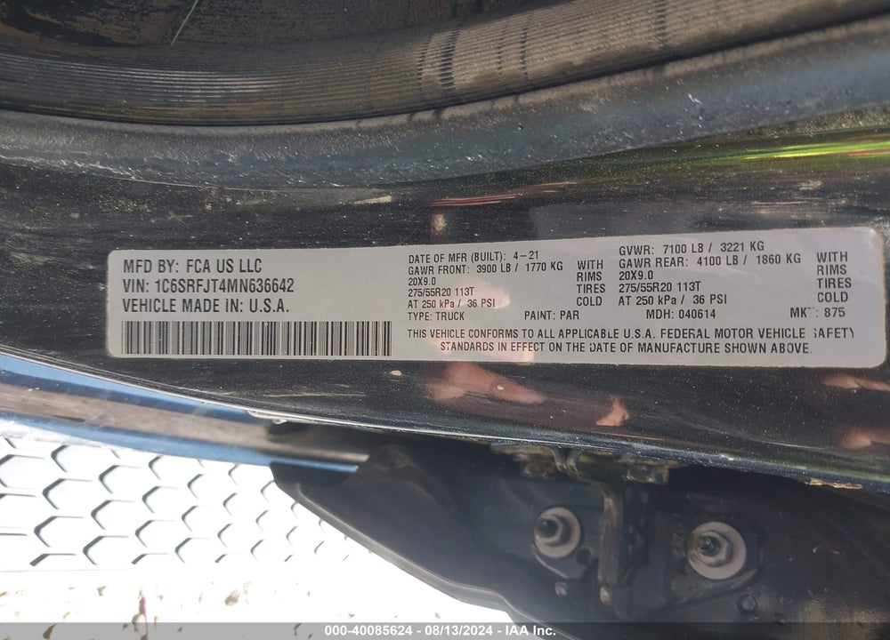 2021 RAM 1500 LAIE  4X4 5'7 BOX VIN: 1C6SRFJT4MN636642