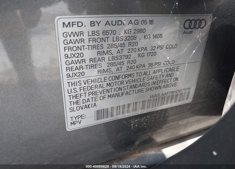 2017 AUDI Q7 3.0T PREMIUM VIN: WA1LAAF78HD017776