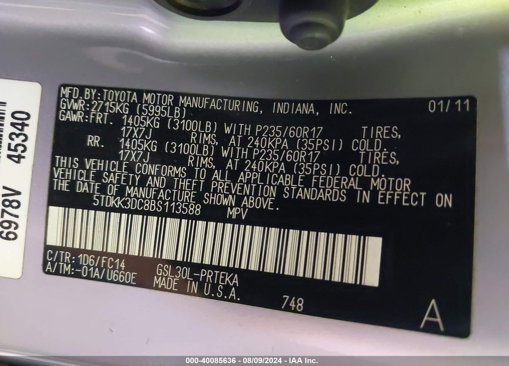 2011 TOYOTA SIENNA LE V6 VIN: 5TDKK3DC8BS113588