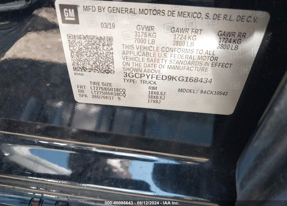 2019 CHEVROLET SILVERADO 1500 LT TRAIL BOSS VIN: 3GCPYFED9KG168434