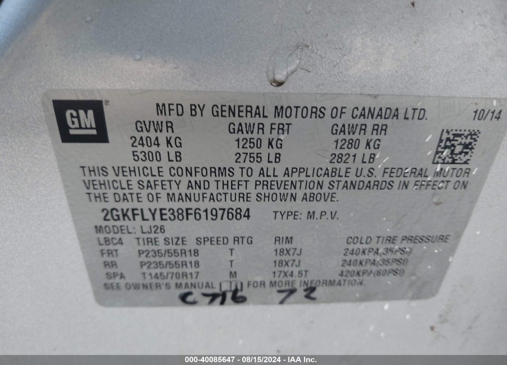 2015 GMC TERRAIN SLT-2 VIN: 2GKFLYE38F6197684