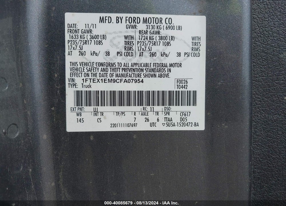 2012 FORD F-150 XL VIN: 1FTEX1EM9CFA07954