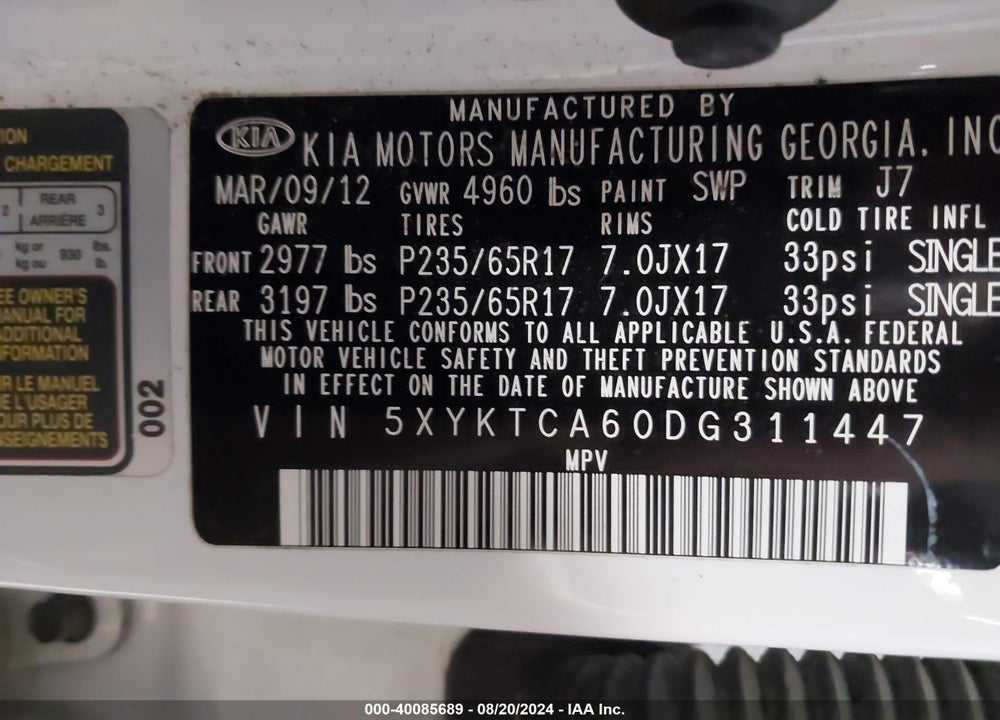 2013 KIA SORENTO LX VIN: 5XYKTCA60DG311447