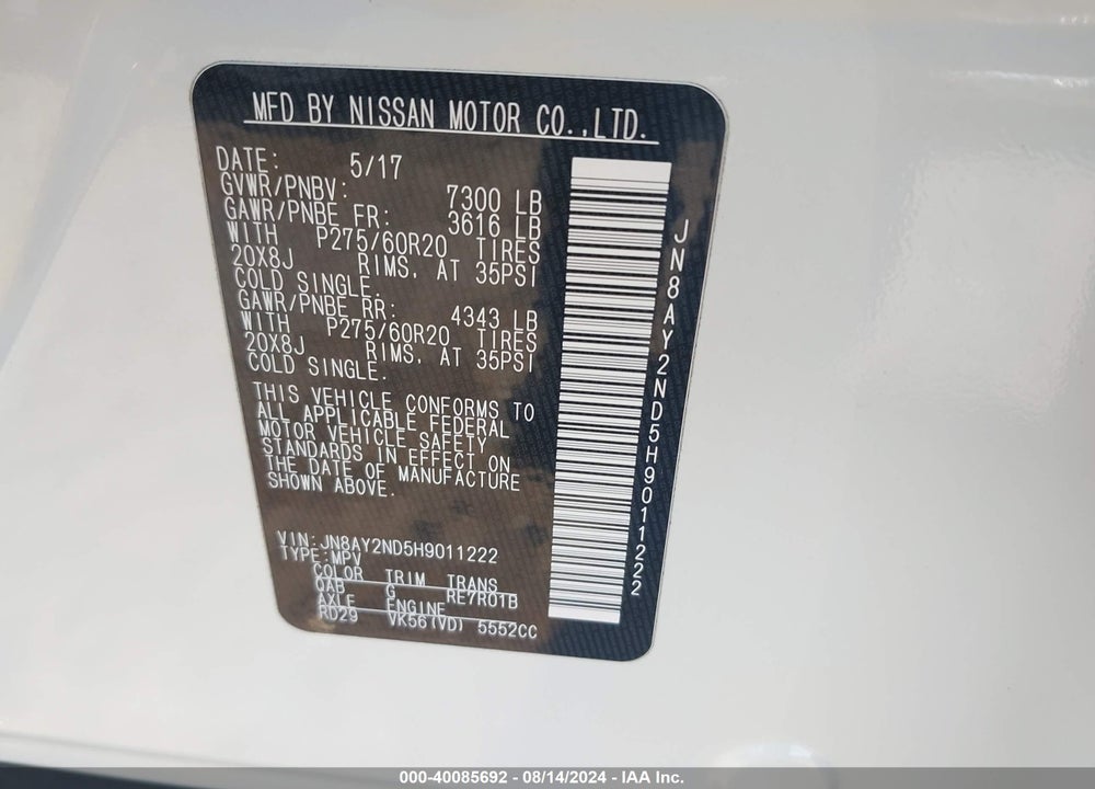 2017 NISSAN ARMADA PLATINUM VIN: JN8AY2ND5H9011222