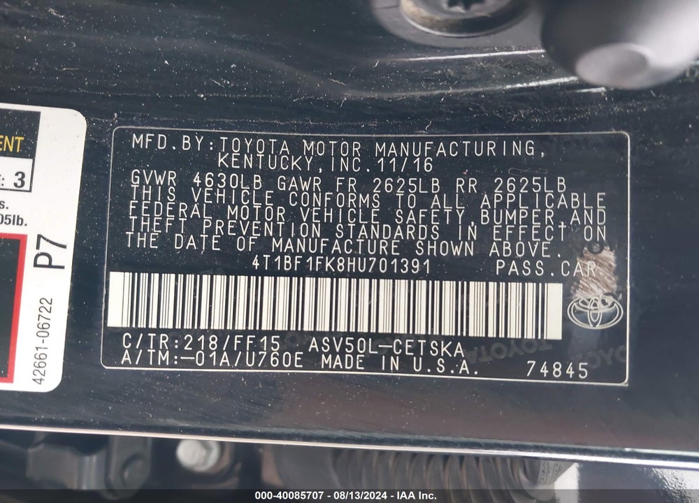 2017 TOYOTA CAMRY SE VIN: 4T1BF1FK8HU701391
