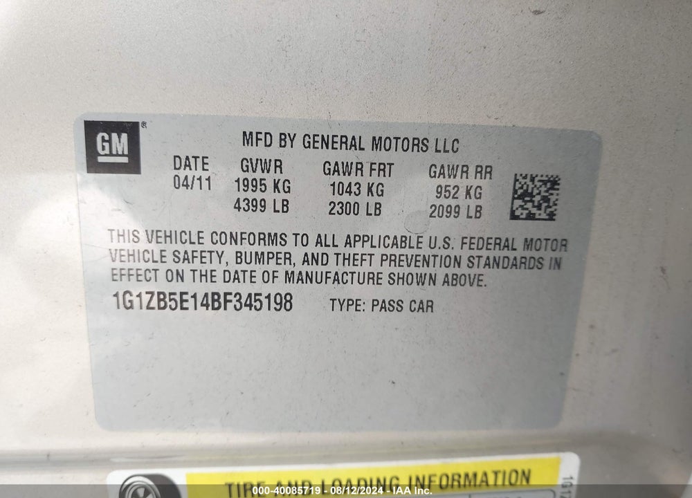 2011 CHEVROLET MALIBU VIN: 1G1ZB5E14BF345198