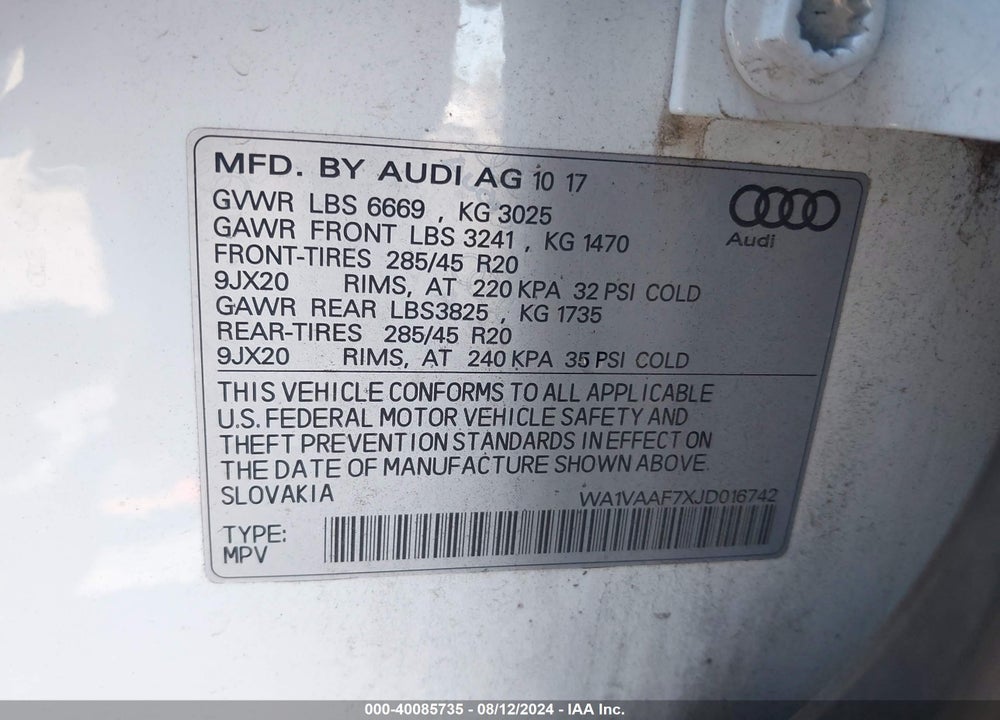 2018 AUDI Q7 3.0T PREMIUM VIN: WA1VAAF7XJD016742
