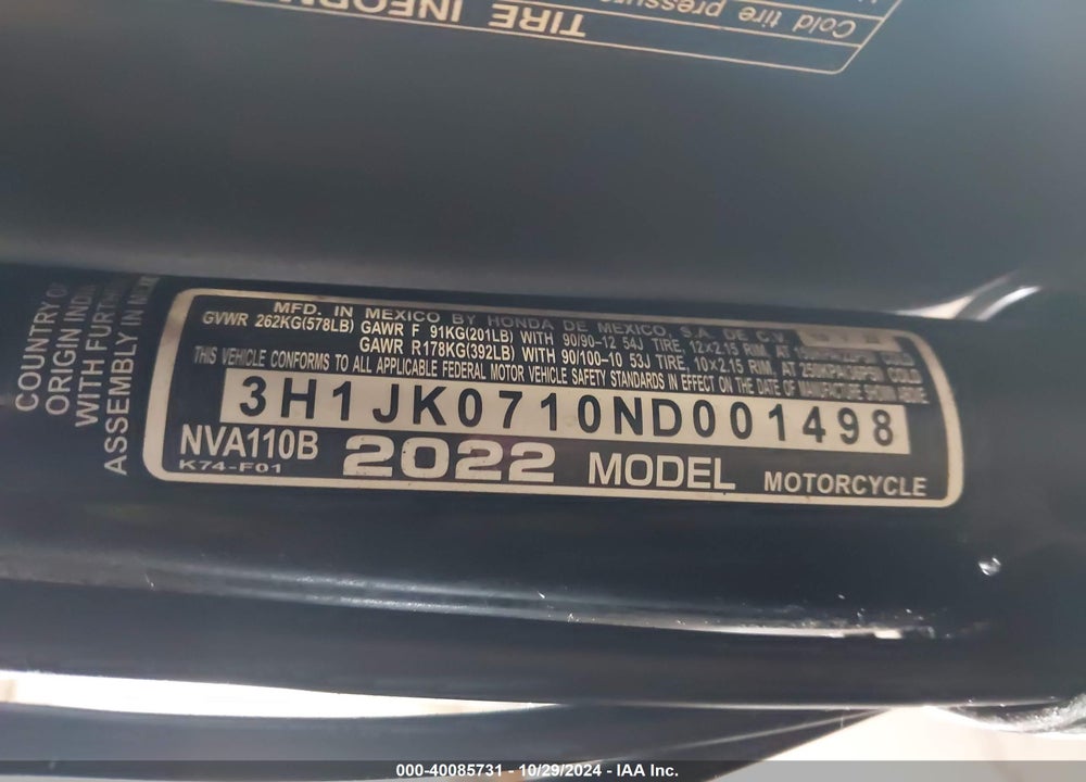 2022 HONDA NVA110 VIN: 3H1JK0710ND001498