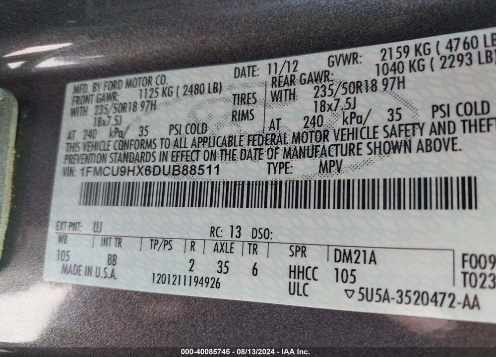 2013 FORD ESCAPE SEL VIN: 1FMCU9HX6DUB88511
