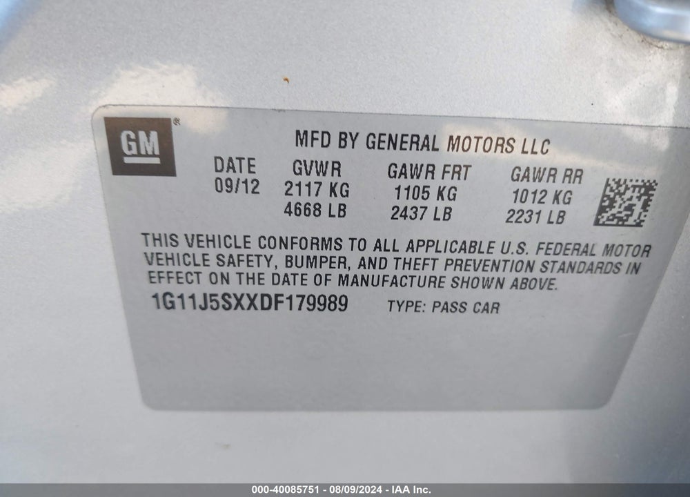 2013 CHEVROLET MALIBU 2LZ VIN: 1G11J5SXXDF179989