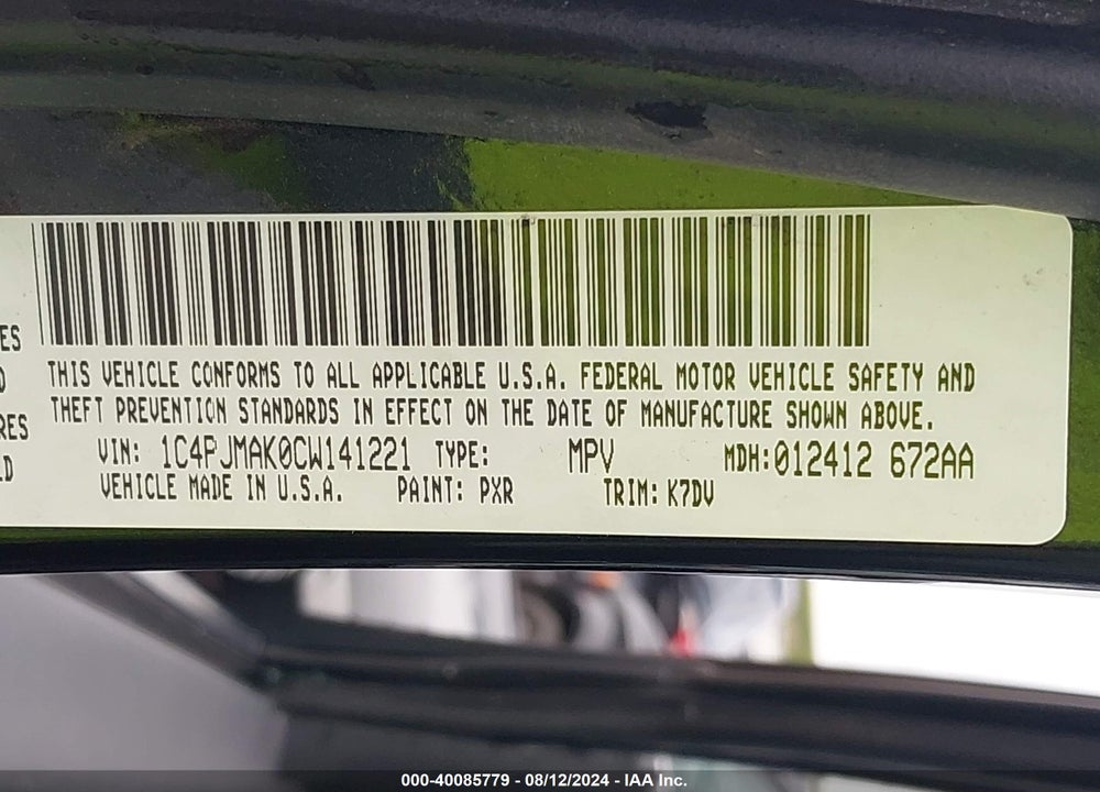 2012 JEEP LIBERTY SPORT VIN: 1C4PJMAK0CW141221