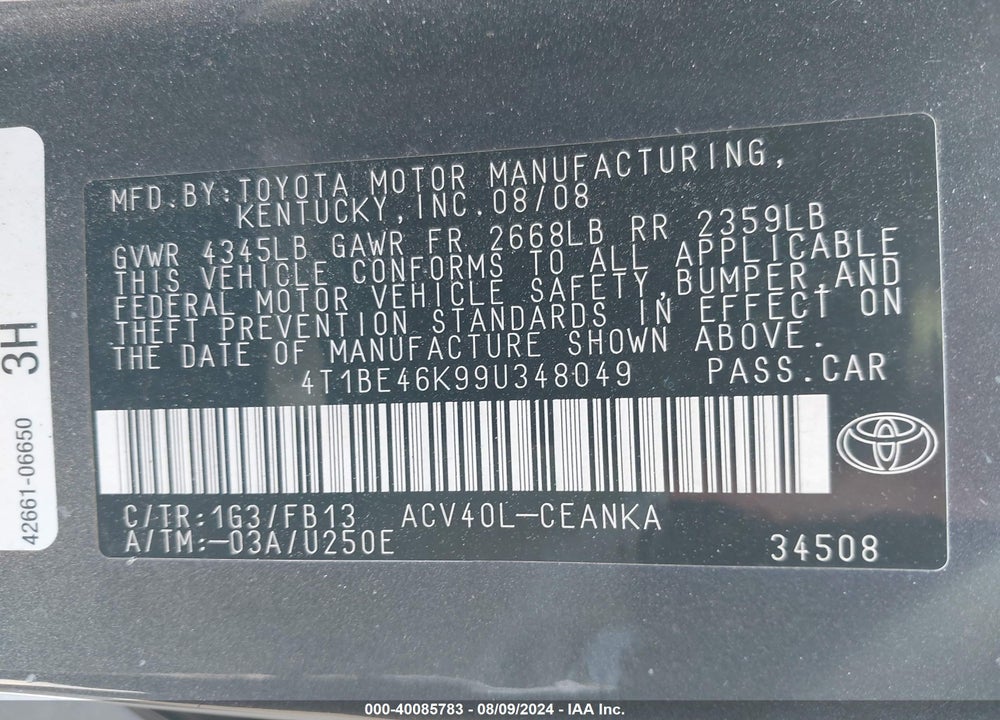 2009 TOYOTA CAMRY LE VIN: 4T1BE46K99U348049