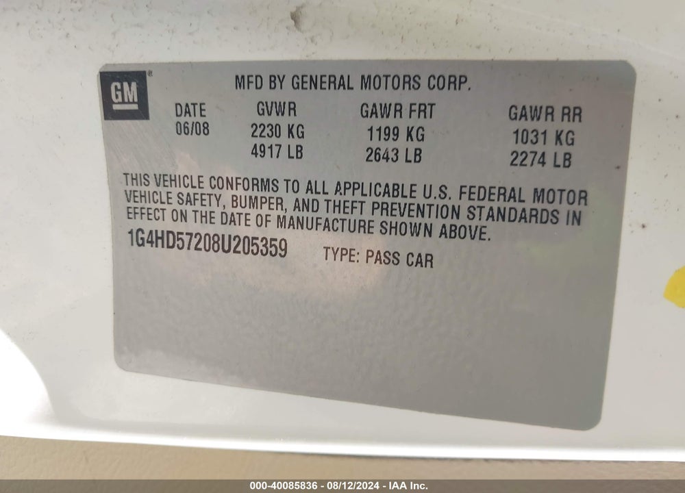 2008 BUICK LUCERNE CXL VIN: 1G4HD57208U205359
