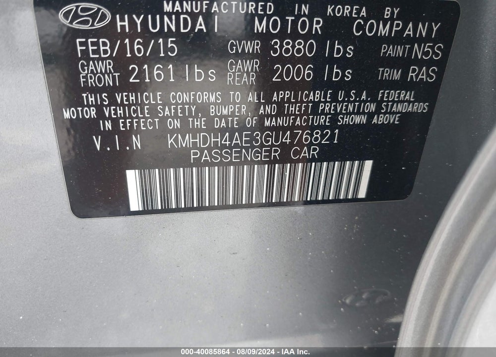 2016 HYUNDAI ELANTRA LIMITED/SE/VALUE EDITION VIN: KMHDH4AE3GU476821
