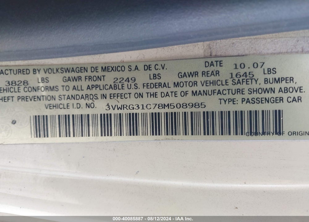 2008 VOLKSWAGEN NEW BEETLE S/SE VIN: 3VWRG31C78M508985