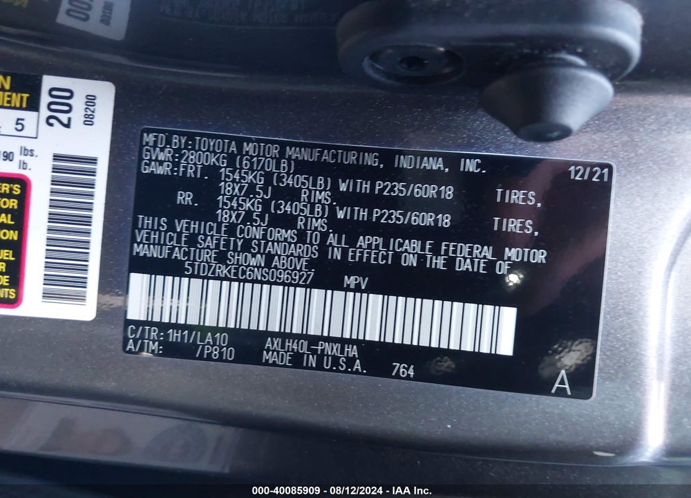 2022 TOYOTA SIENNA LIMITED/PLATINUM VIN: 5TDZRKEC6NS096927