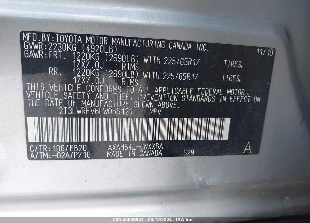 2020 TOYOTA RAV4 HYBRID LE VIN: 2T3LWRFV6LW055121