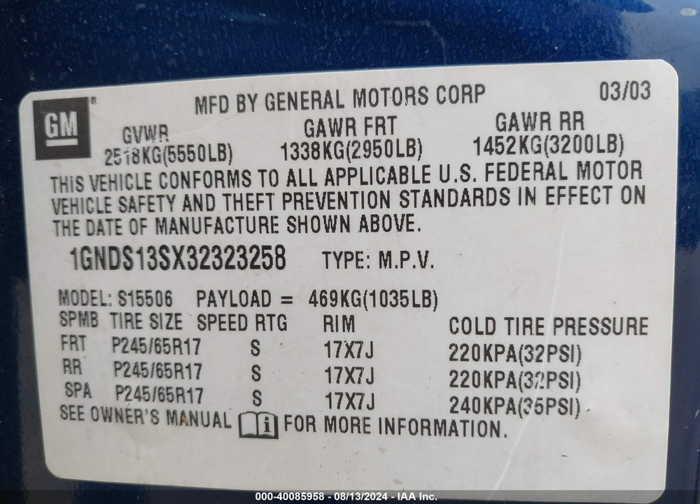 2003 CHEVROLET TRAILBLAZER LS/LT/LTZ VIN: 1GNDS13SX32323258