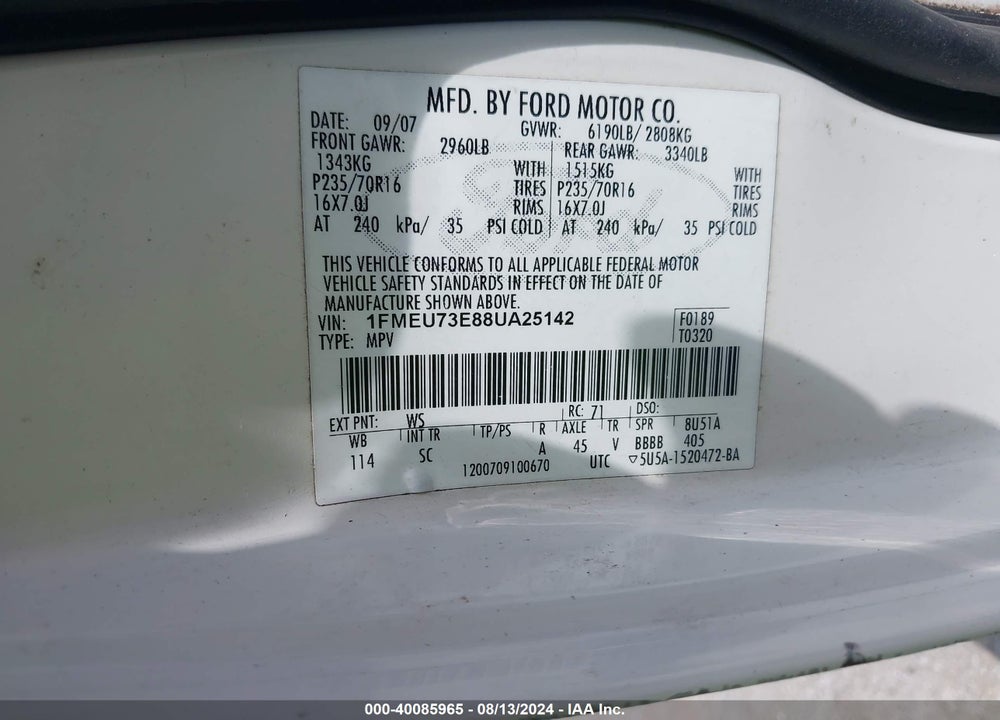 2008 FORD EXPLORER XLT VIN: 1FMEU73E88UA25142